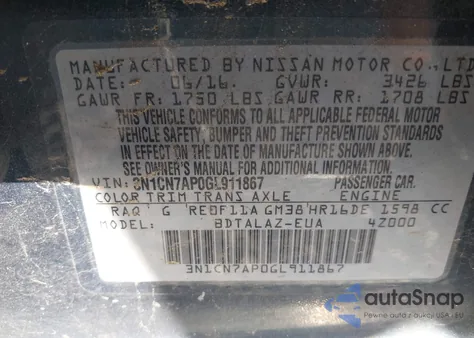 2016 Nissan Versa 1.6 S+ from USA, damaged, VIN 3N1CN7AP0GL911867